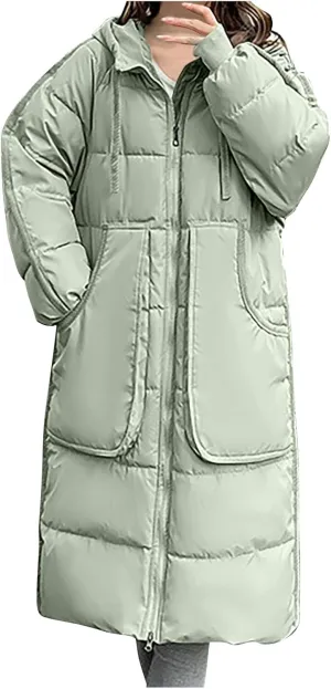 Women Winter Long Quilted Coat Maxi Length Puffer Jacket Padded Coat Cotton Hooded Long Sleeve with Oversized Pockets