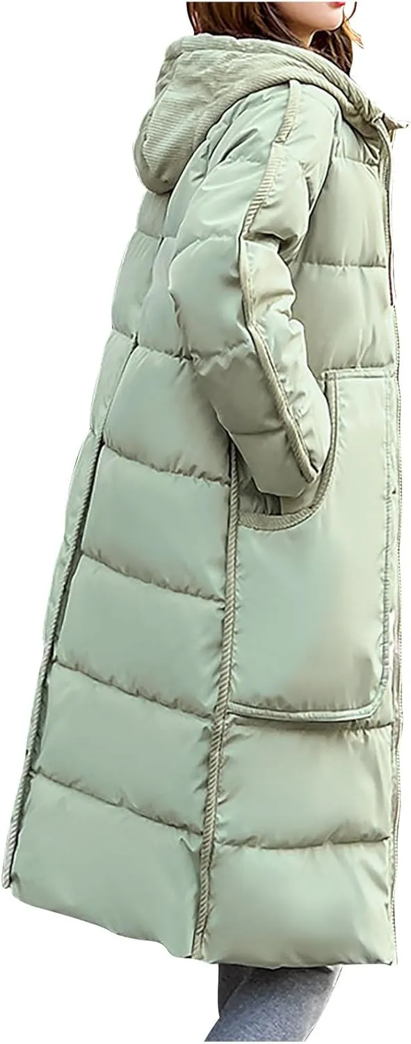 Women Winter Long Quilted Coat Maxi Length Puffer Jacket Padded Coat Cotton Hooded Long Sleeve with Oversized Pockets
