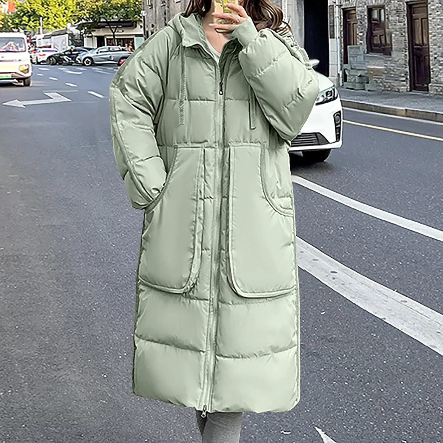 Women Winter Long Quilted Coat Maxi Length Puffer Jacket Padded Coat Cotton Hooded Long Sleeve with Oversized Pockets