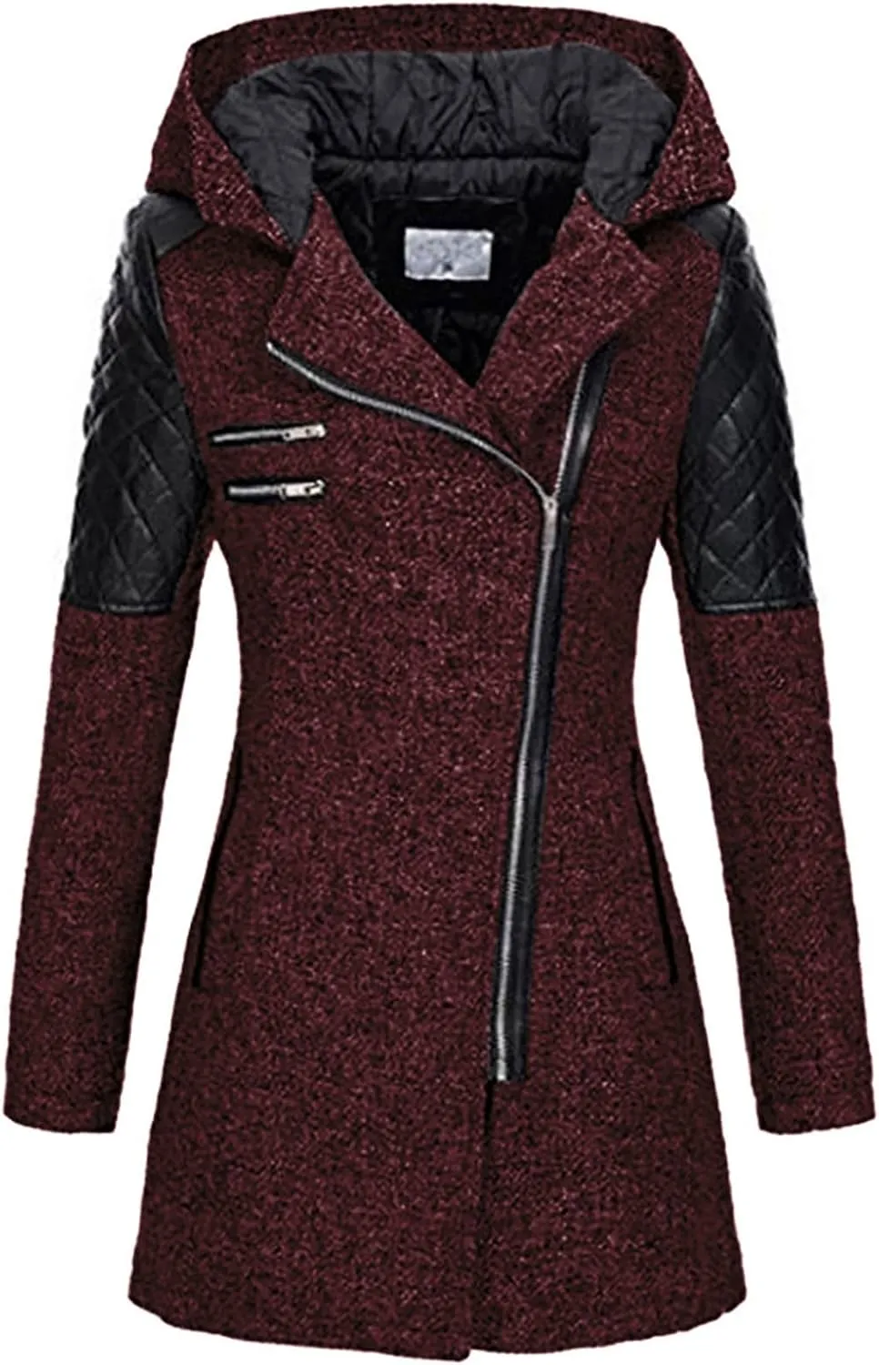 Women Wool Pea Coat Long Sleeve Hooded Long Winter Warm Thick Leather Jackets Zip Up Trench Outerwears Pockets