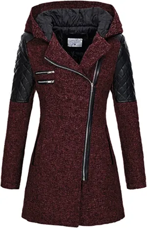 Women Wool Pea Coat Long Sleeve Hooded Long Winter Warm Thick Leather Jackets Zip Up Trench Outerwears Pockets