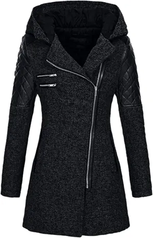 Women Wool Pea Coat Long Sleeve Hooded Long Winter Warm Thick Leather Jackets Zip Up Trench Outerwears Pockets