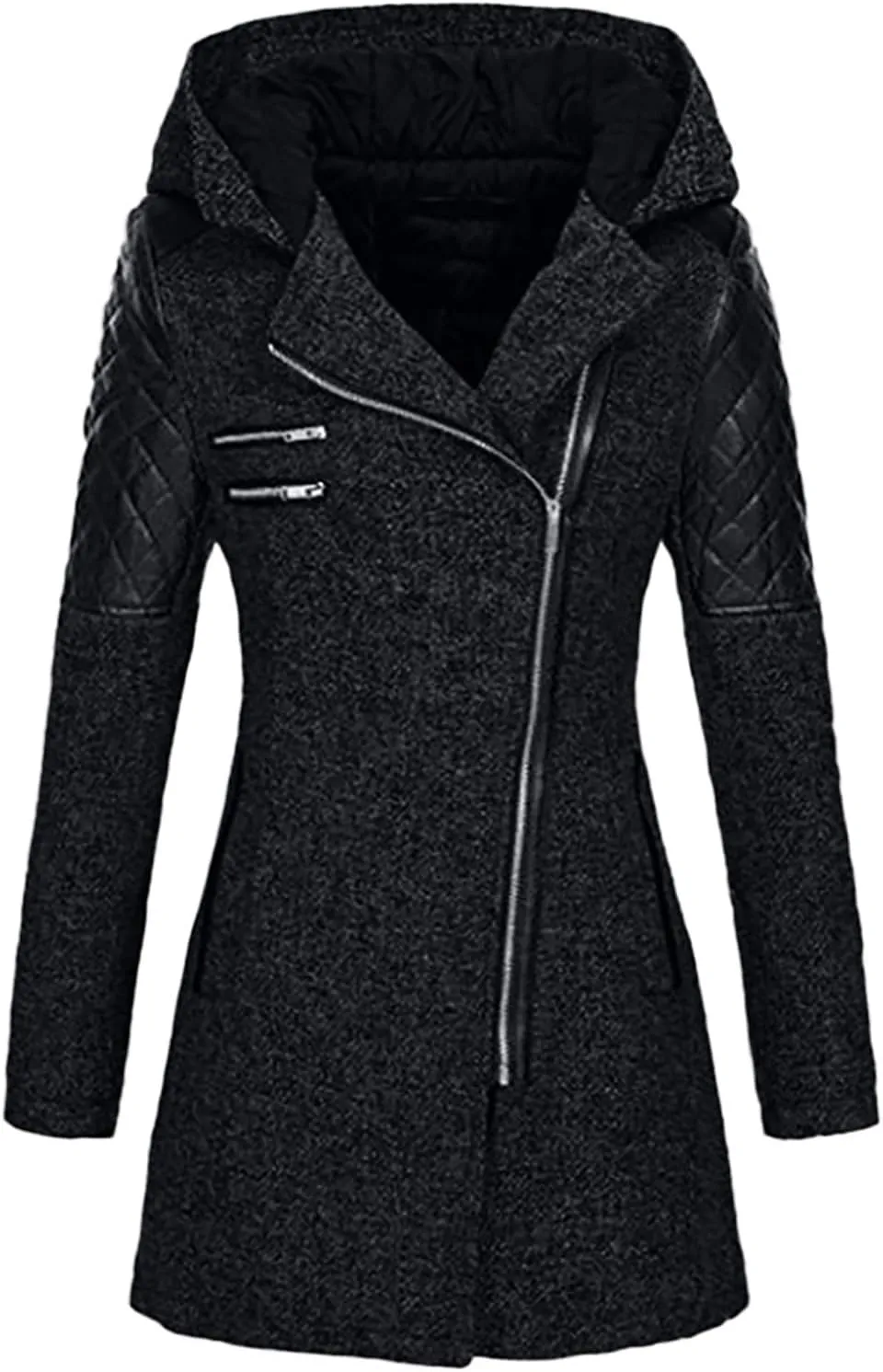 Women Wool Pea Coat Long Sleeve Hooded Long Winter Warm Thick Leather Jackets Zip Up Trench Outerwears Pockets