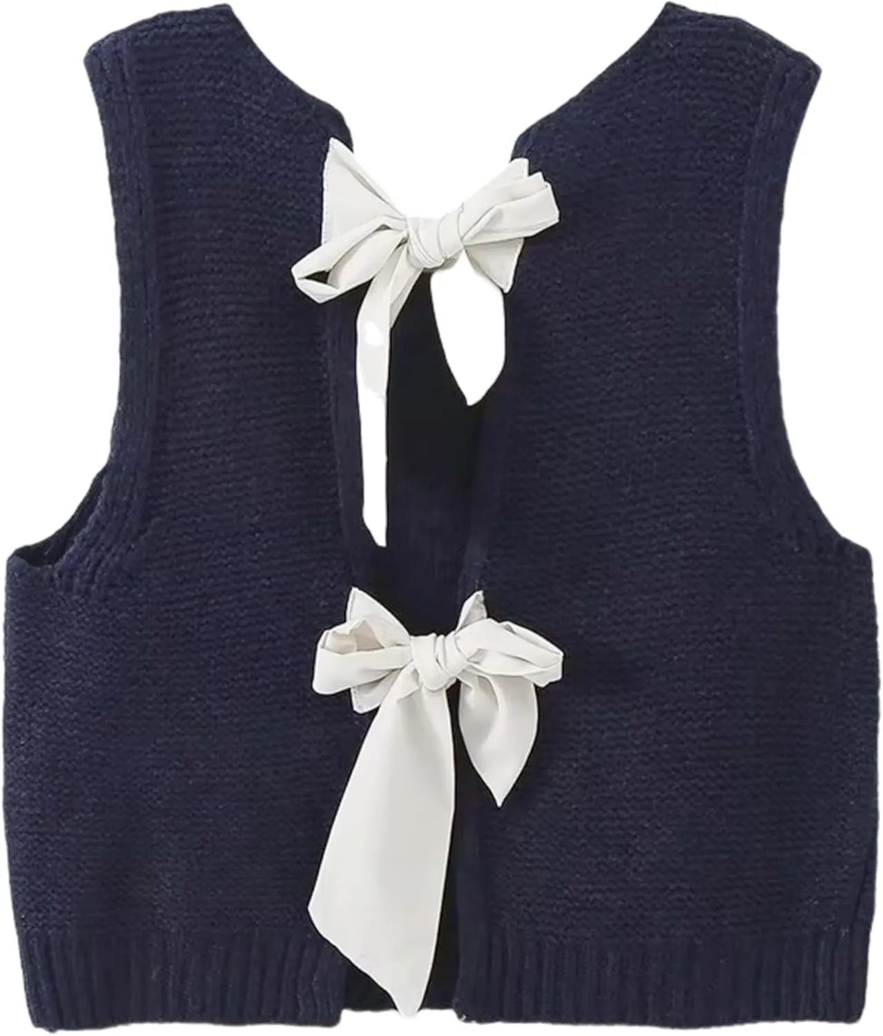Women Y2k Bow Tie Sweater Vest Top Back Split Sleeveless Crochet Short Sweater Shirt Casual Knit Cardigan Tank Tops