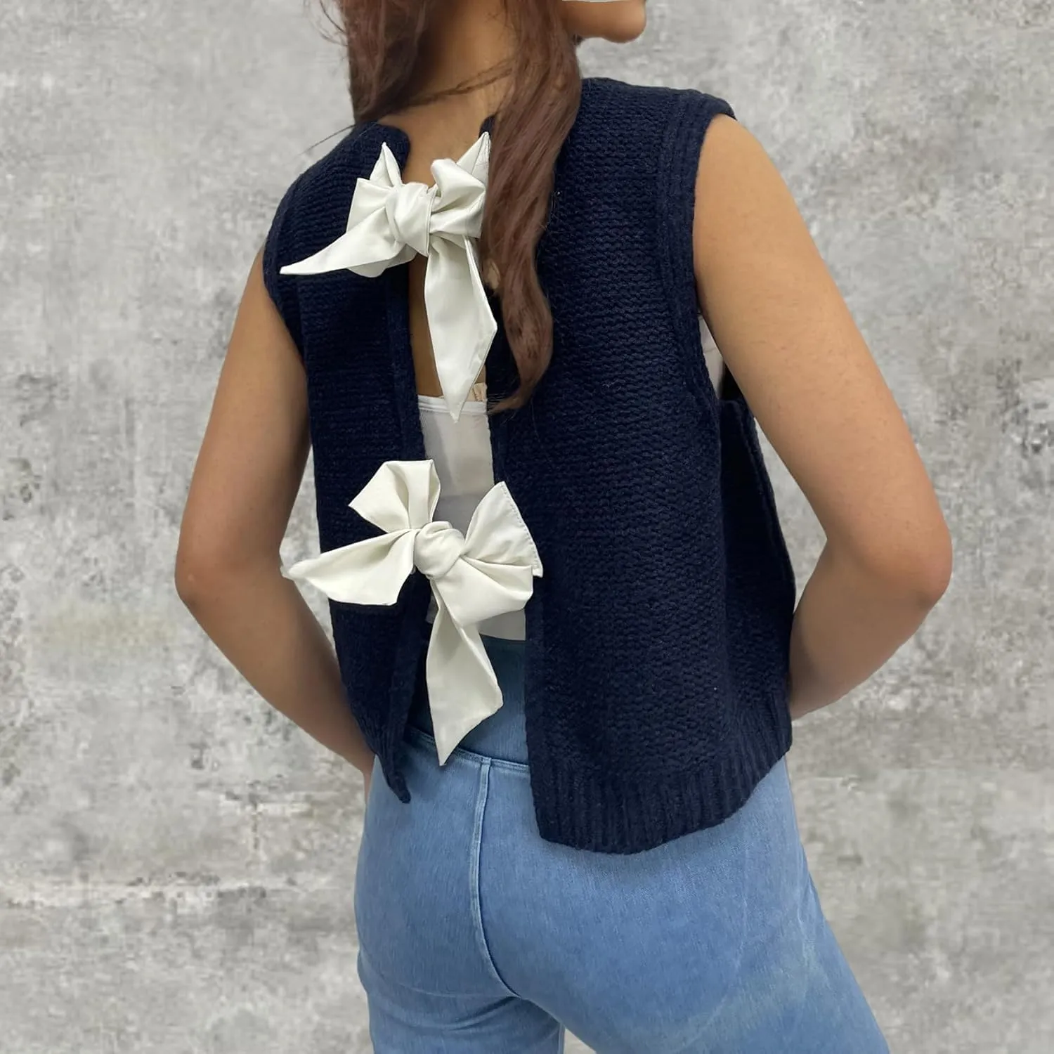 Women Y2k Bow Tie Sweater Vest Top Back Split Sleeveless Crochet Short Sweater Shirt Casual Knit Cardigan Tank Tops