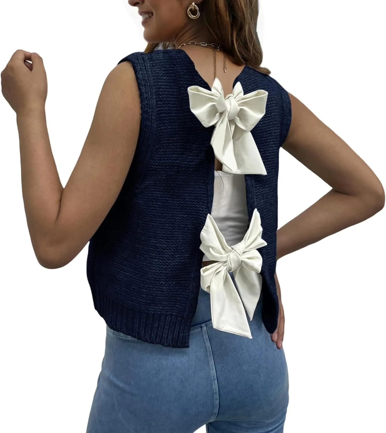 Women Y2k Bow Tie Sweater Vest Top Back Split Sleeveless Crochet Short Sweater Shirt Casual Knit Cardigan Tank Tops