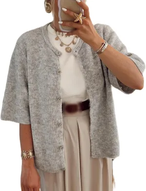Women Y2K Cardigan Sweater Short Sleeve Button Down Ribbed Knit Crop Top Fall Winter Going Out Sweater