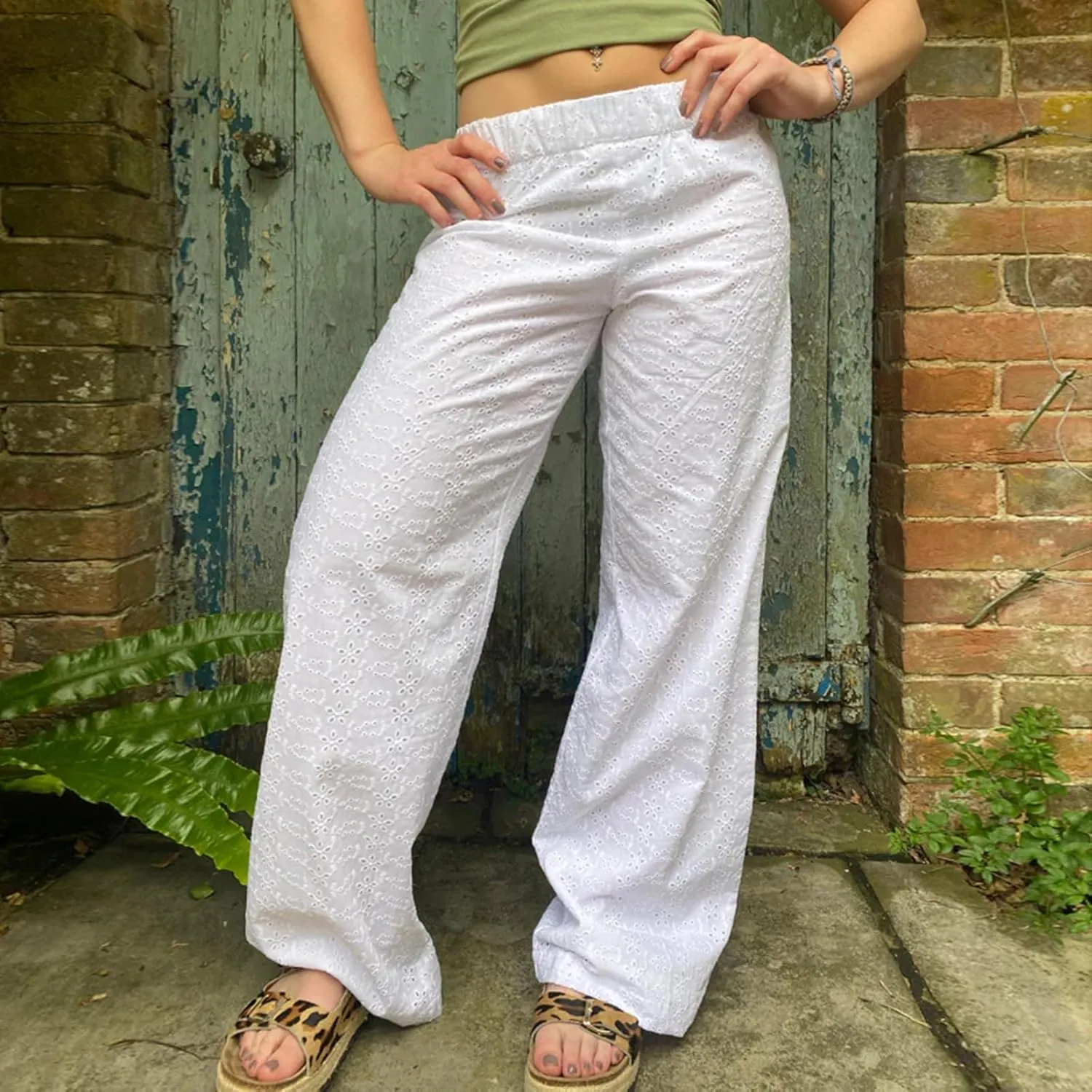 Women Y2K Lounge Bottoms Floral Eyelet Embroidery Elastic Waist Wide Leg Pants Casual Going Out Pants