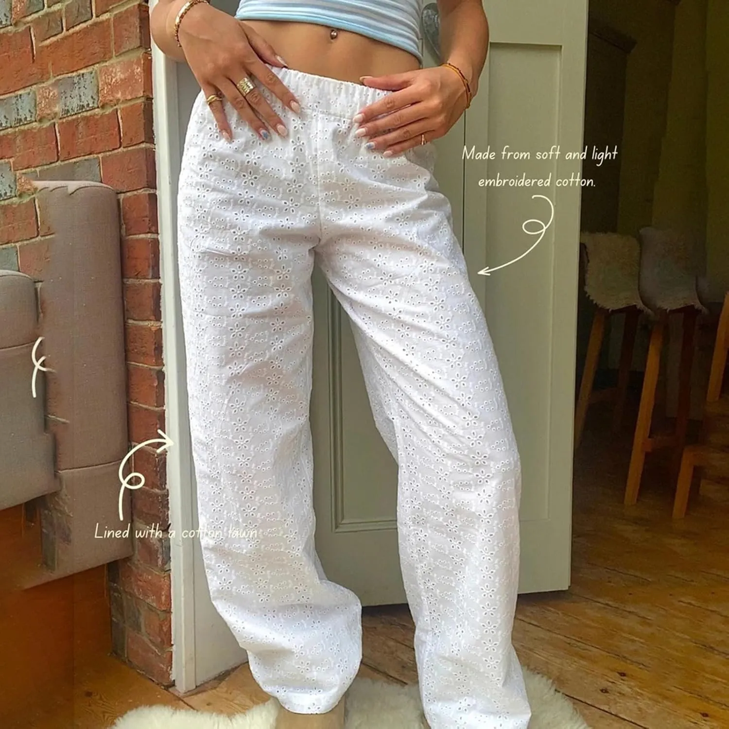 Women Y2K Lounge Bottoms Floral Eyelet Embroidery Elastic Waist Wide Leg Pants Casual Going Out Pants