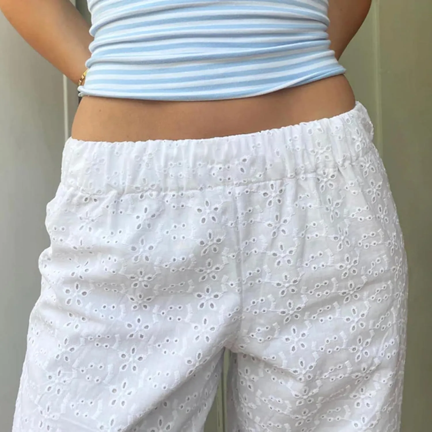 Women Y2K Lounge Bottoms Floral Eyelet Embroidery Elastic Waist Wide Leg Pants Casual Going Out Pants