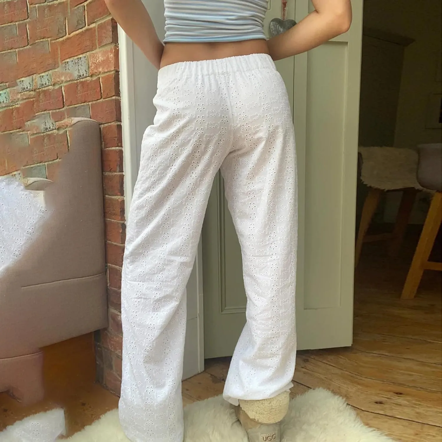Women Y2K Lounge Bottoms Floral Eyelet Embroidery Elastic Waist Wide Leg Pants Casual Going Out Pants