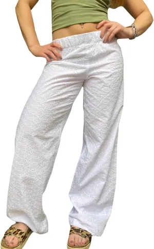 Women Y2K Lounge Bottoms Floral Eyelet Embroidery Elastic Waist Wide Leg Pants Casual Going Out Pants