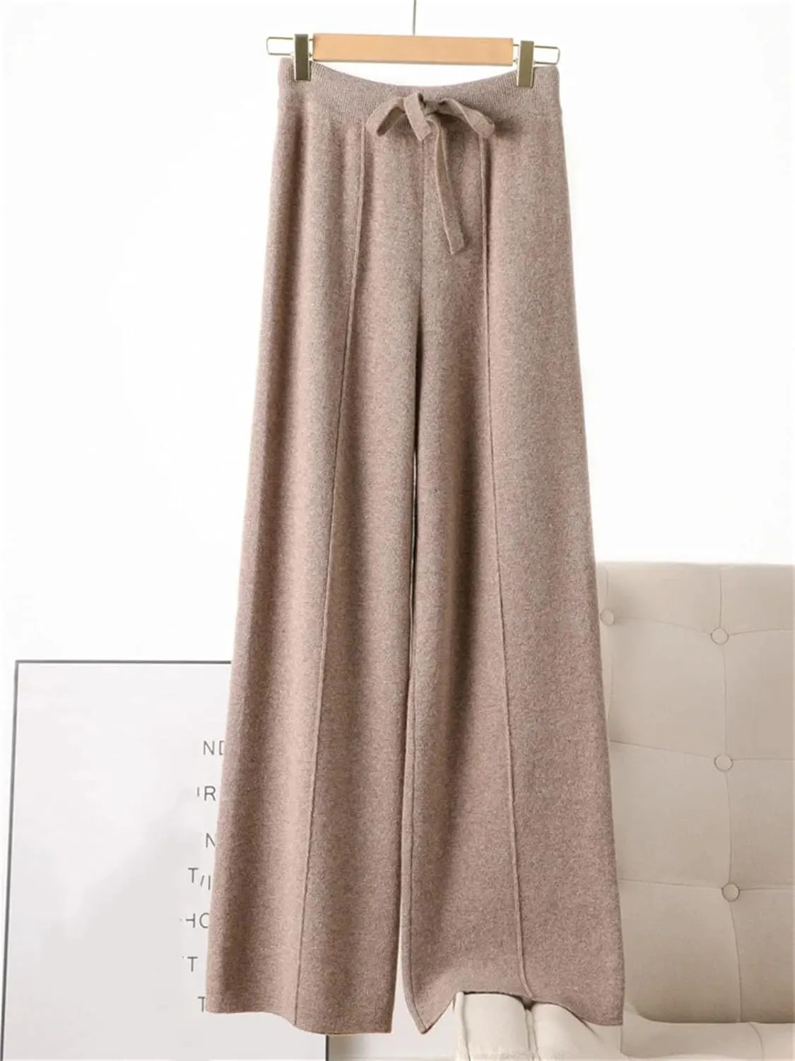 Womens 100 Percent Merino Wool Wide-Leg Pants Autumn Winter Soft Warm Knit Trousers