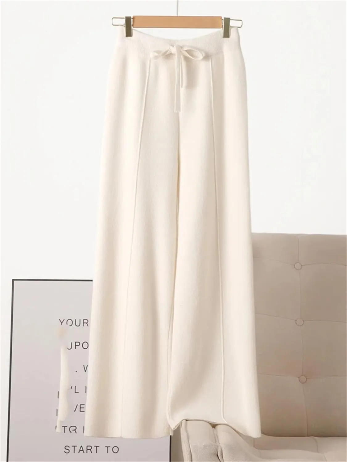Womens 100 Percent Merino Wool Wide-Leg Pants Autumn Winter Soft Warm Knit Trousers