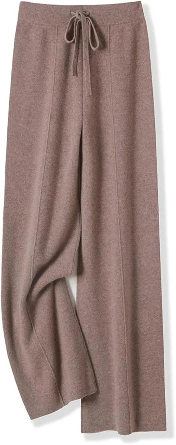 Womens 100 Percent Merino Wool Wide-Leg Pants Autumn Winter Soft Warm Knit Trousers