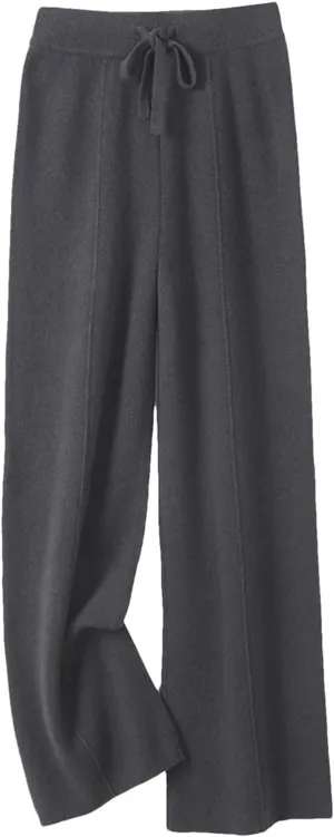 Womens 100 Percent Merino Wool Wide-Leg Pants Autumn Winter Soft Warm Knit Trousers
