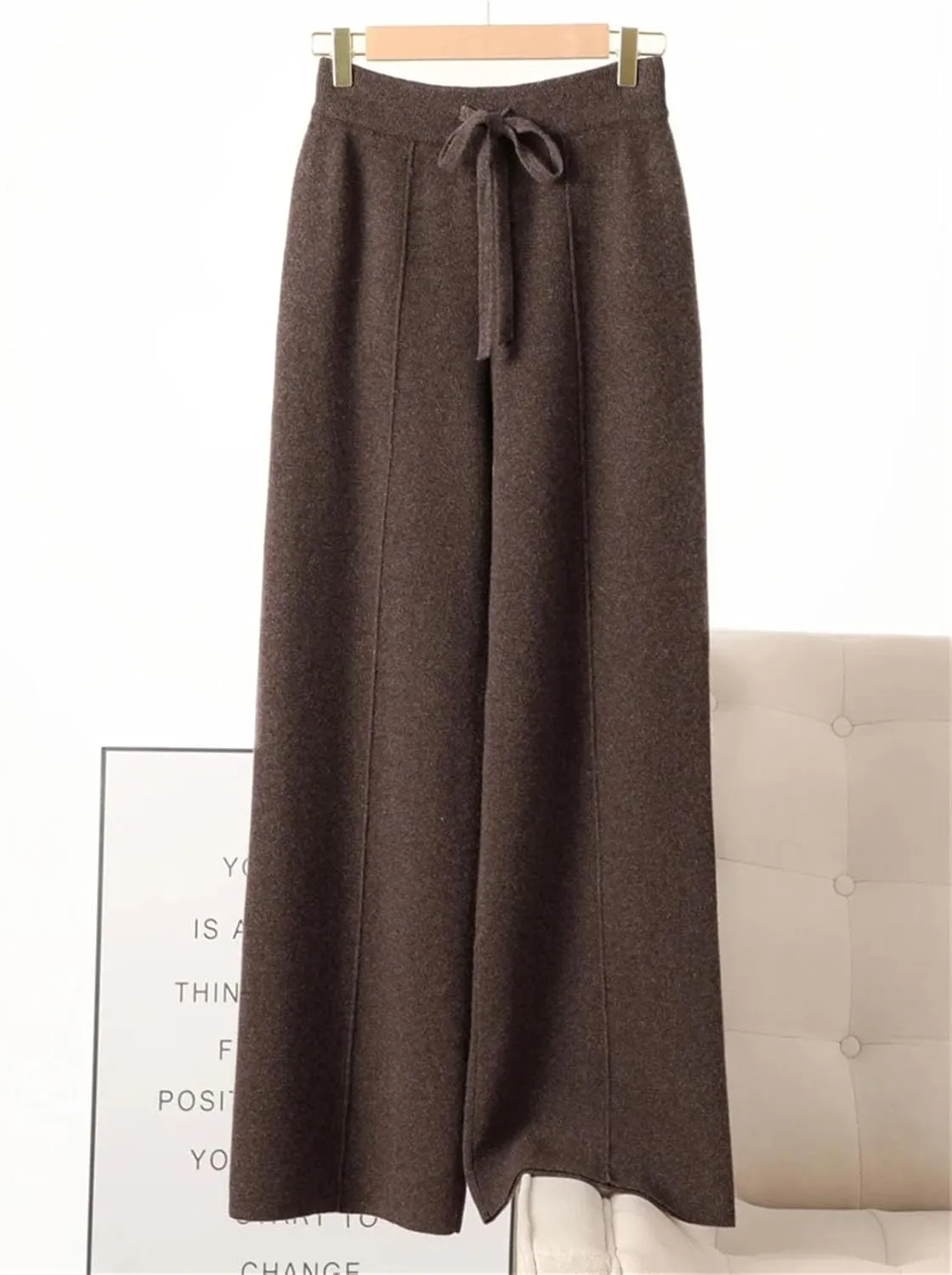 Womens 100 Percent Merino Wool Wide-Leg Pants Autumn Winter Soft Warm Knit Trousers