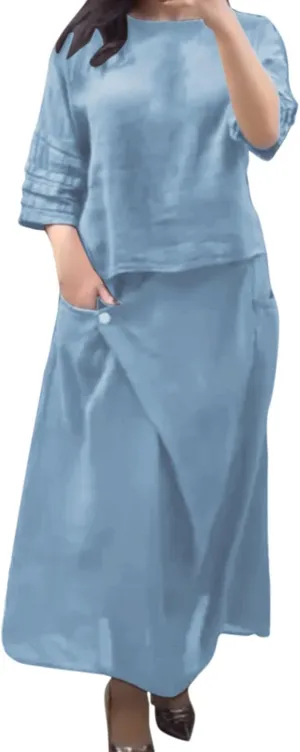 Women's 2 Piece Outfits Casual Skirt Sets Long Sleeve Tops Irregular Midi Skirts 2025 Matching Outfits