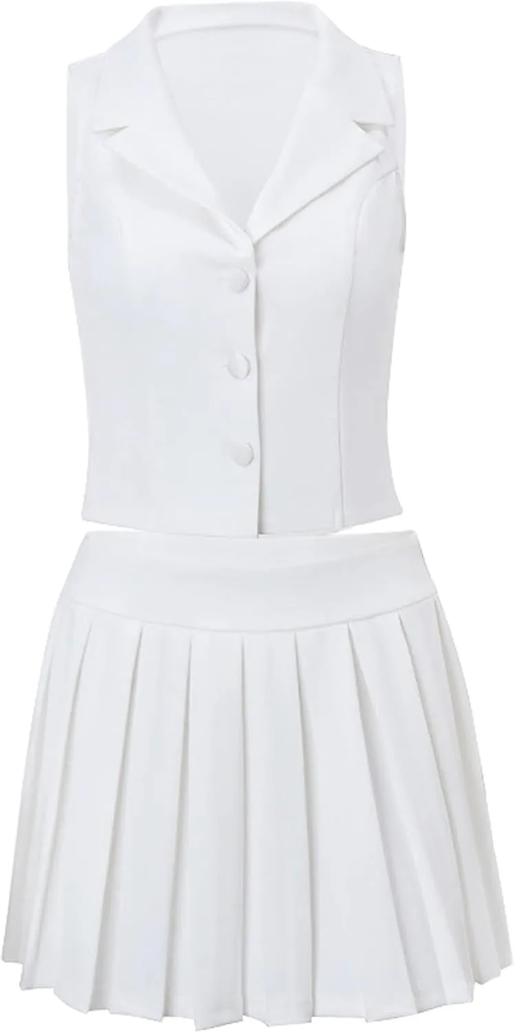 Womens 2 Piece Summer Outfits Button Down V Neck Sleeveless Blazer Vest Top A-Line Pleated Mini Skirt Set