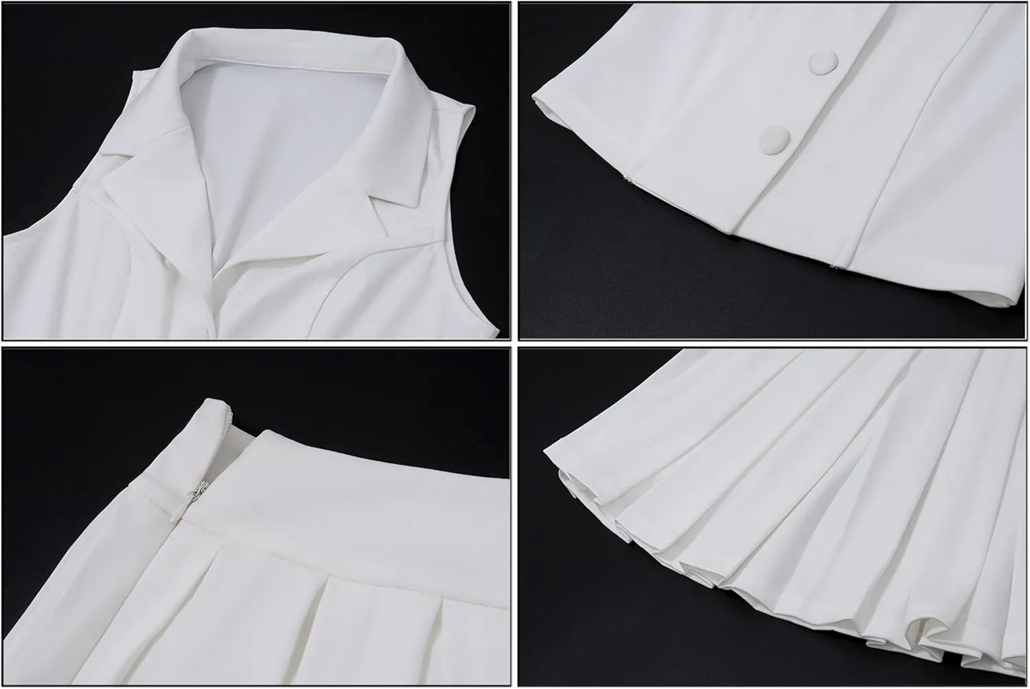 Womens 2 Piece Summer Outfits Button Down V Neck Sleeveless Blazer Vest Top A-Line Pleated Mini Skirt Set