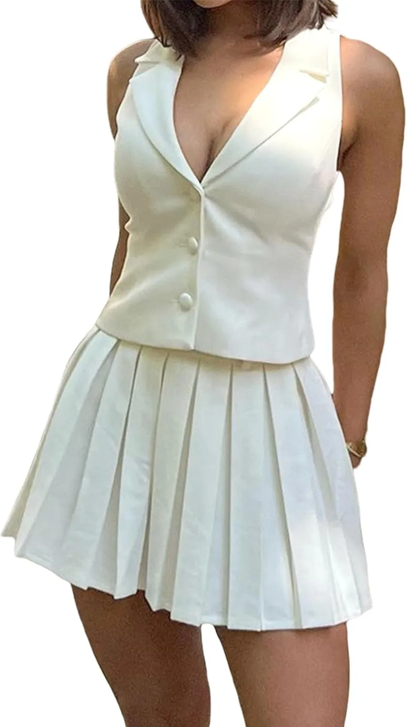 Womens 2 Piece Summer Outfits Button Down V Neck Sleeveless Blazer Vest Top A-Line Pleated Mini Skirt Set