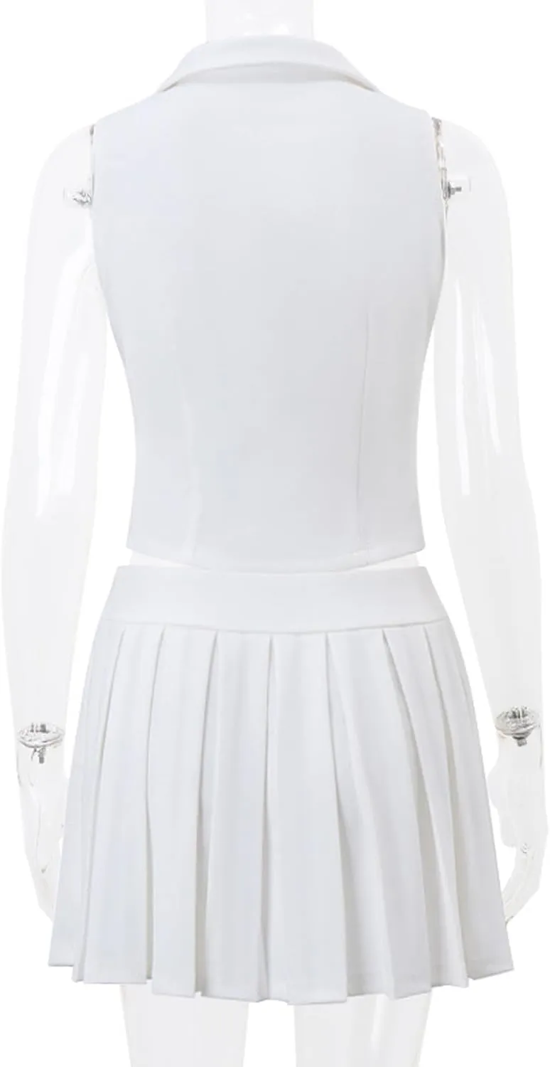 Womens 2 Piece Summer Outfits Button Down V Neck Sleeveless Blazer Vest Top A-Line Pleated Mini Skirt Set