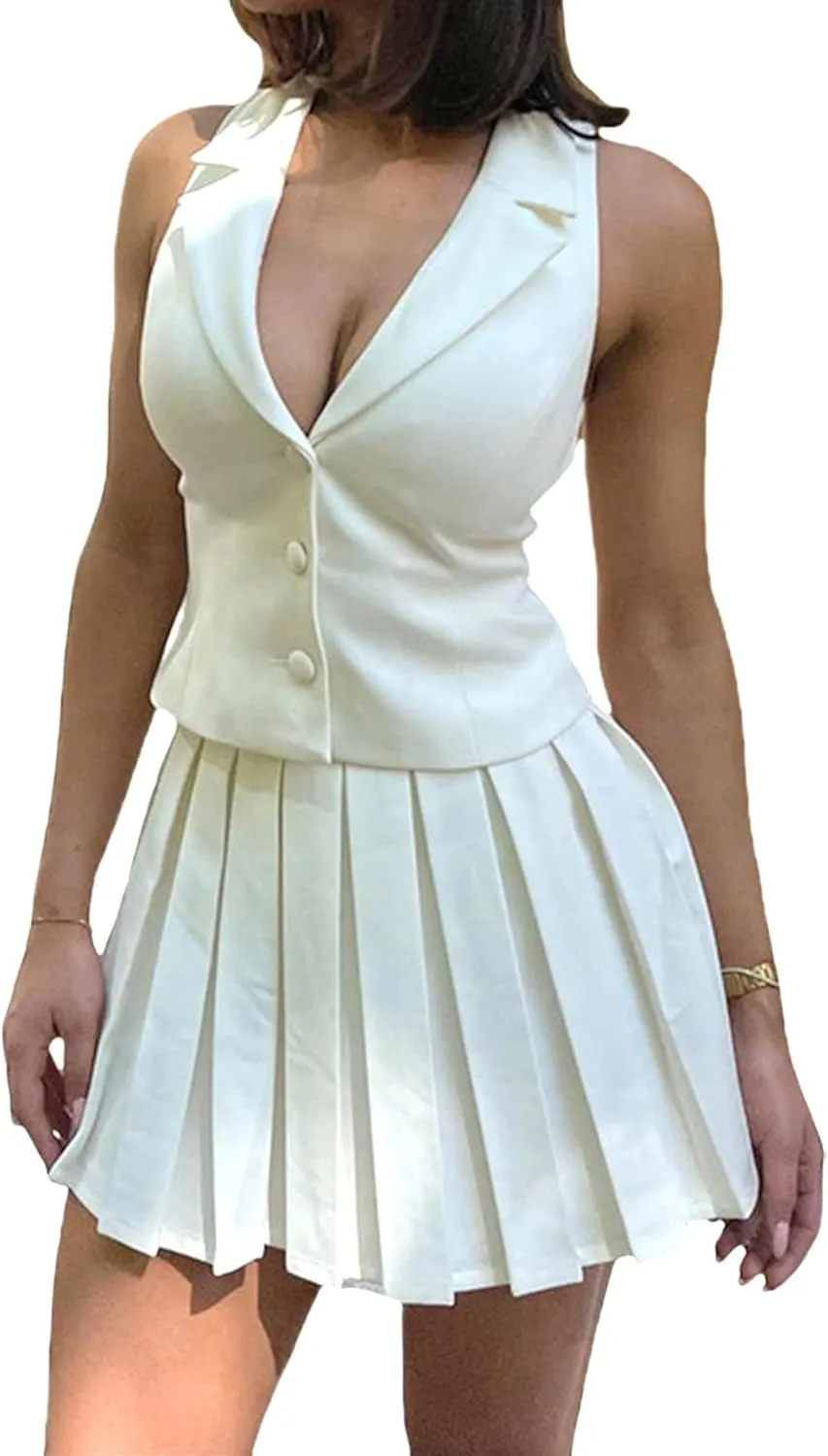 Womens 2 Piece Summer Outfits Button Down V Neck Sleeveless Blazer Vest Top A-Line Pleated Mini Skirt Set