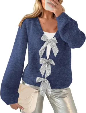 Womens 2024 Fall Winter Bow Knot Cardigan Sweater Long Sleeve Open Front V Neck Chunky Knit Cardigan Coats