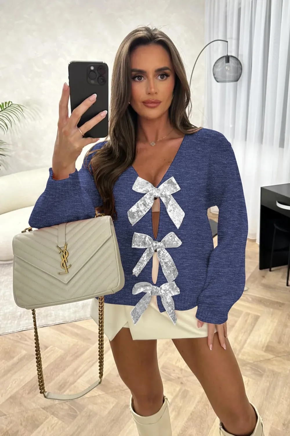 Womens 2024 Fall Winter Bow Knot Cardigan Sweater Long Sleeve Open Front V Neck Chunky Knit Cardigan Coats