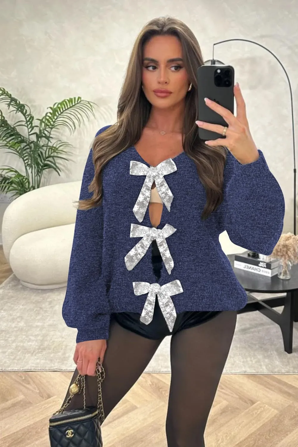 Womens 2024 Fall Winter Bow Knot Cardigan Sweater Long Sleeve Open Front V Neck Chunky Knit Cardigan Coats