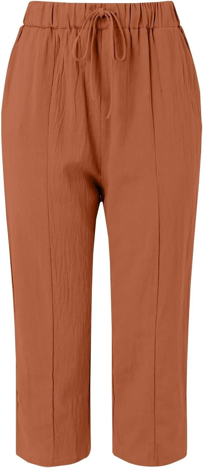 Womens Beach Pants Linen Casual High Waisted Elastic Drawstring Trousers Cotton Straight Leg Loose Summer Bottoms