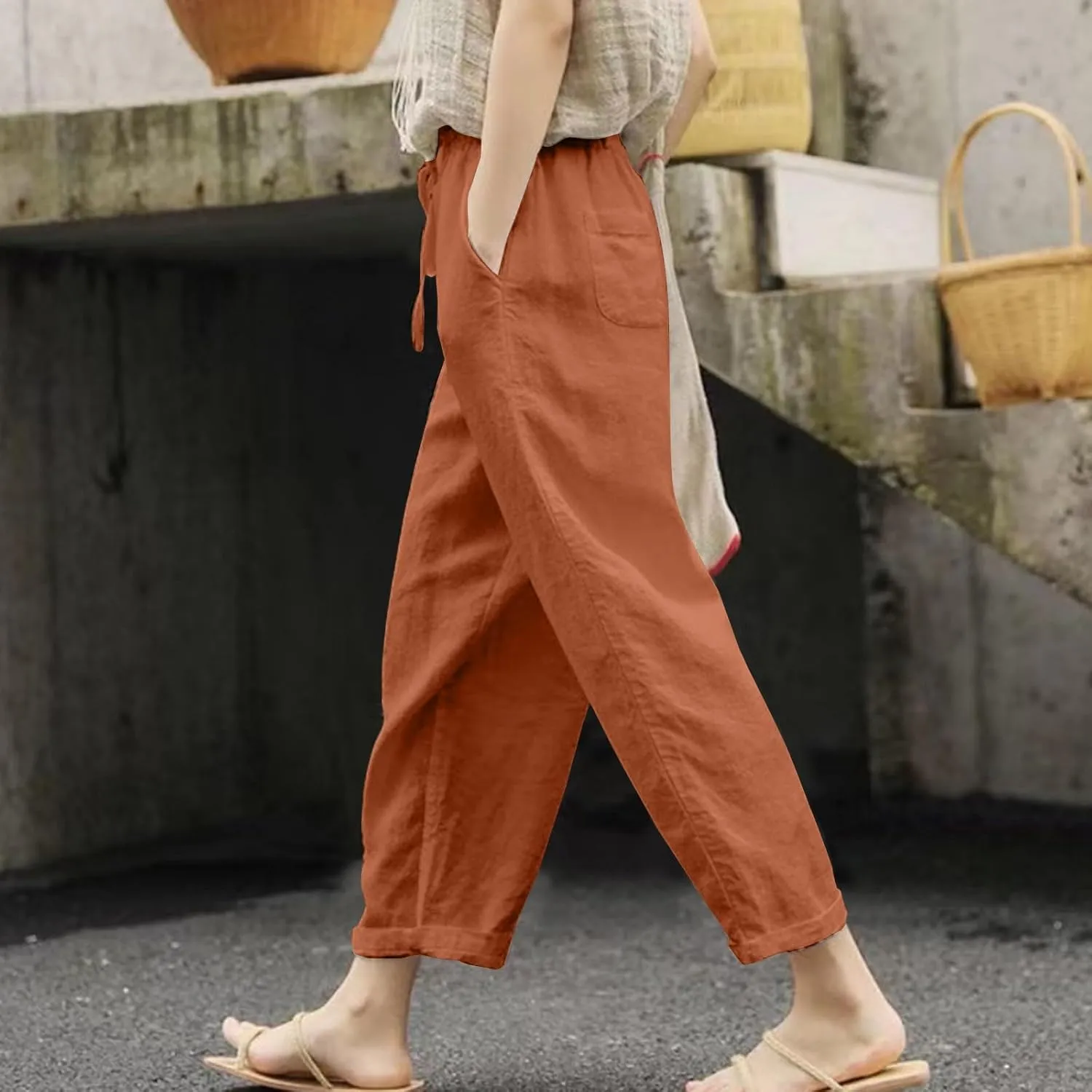 Womens Beach Pants Linen Casual High Waisted Elastic Drawstring Trousers Cotton Straight Leg Loose Summer Bottoms
