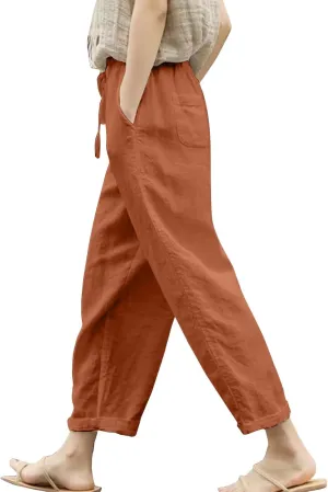 Womens Beach Pants Linen Casual High Waisted Elastic Drawstring Trousers Cotton Straight Leg Loose Summer Bottoms