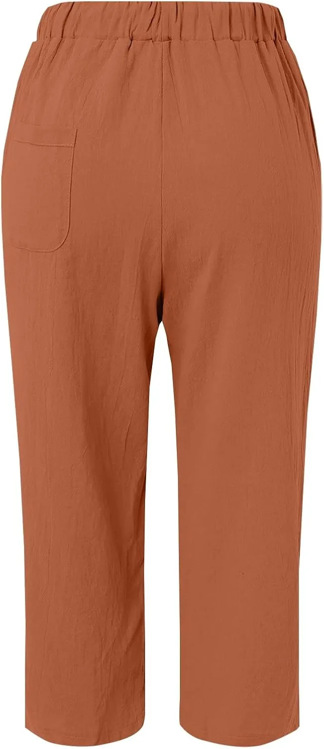 Womens Beach Pants Linen Casual High Waisted Elastic Drawstring Trousers Cotton Straight Leg Loose Summer Bottoms