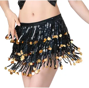 Womens Belly Dance Hip Scarf with Sparkly Fringe, Rave Party Sequin Skirt Club Costume Festival Tassel Skirt