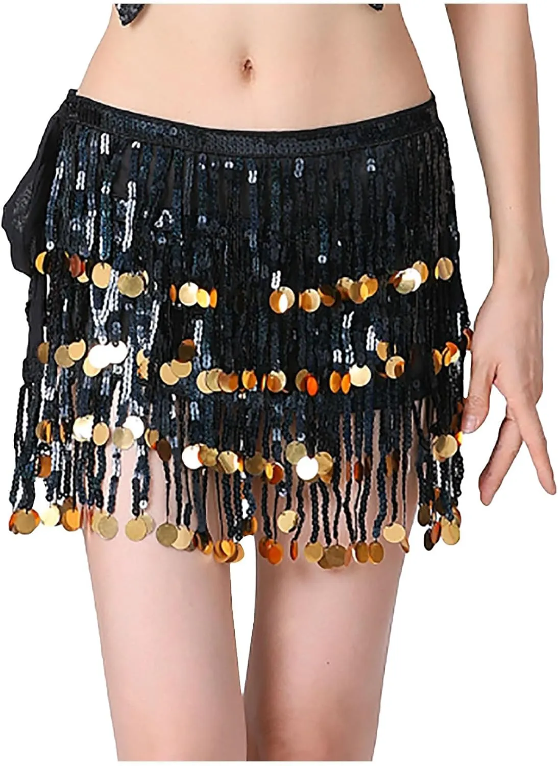 Womens Belly Dance Hip Scarf with Sparkly Fringe, Rave Party Sequin Skirt Club Costume Festival Tassel Skirt