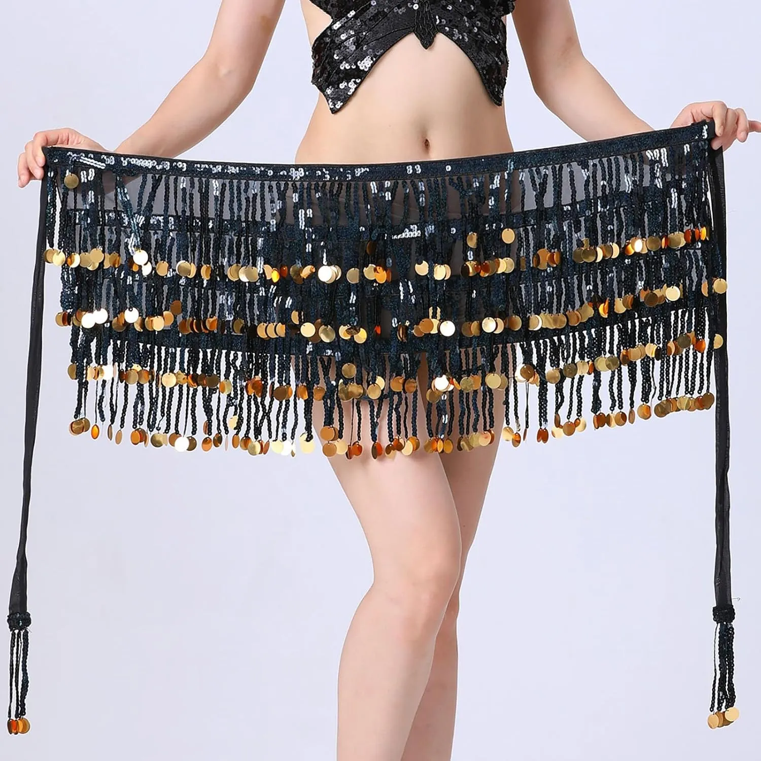 Womens Belly Dance Hip Scarf with Sparkly Fringe, Rave Party Sequin Skirt Club Costume Festival Tassel Skirt