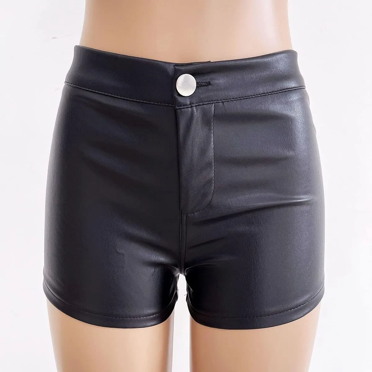 Women's Black High Waisted Gothic Punk Dance Shorts Slim Bodycon Hot Shorts Faux Leather Jeans Shorts for Casual Club