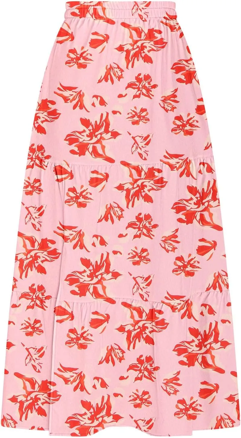 Women's Boho Floral Maxi Skirts Summer Elastic High Waist Flowy A-Line Skirts Split Side Vacation Beach Long Skirt