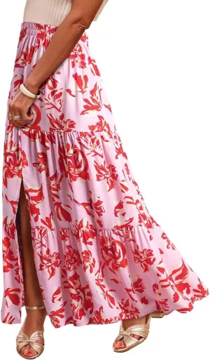 Women's Boho Floral Maxi Skirts Summer Elastic High Waist Flowy A-Line Skirts Split Side Vacation Beach Long Skirt