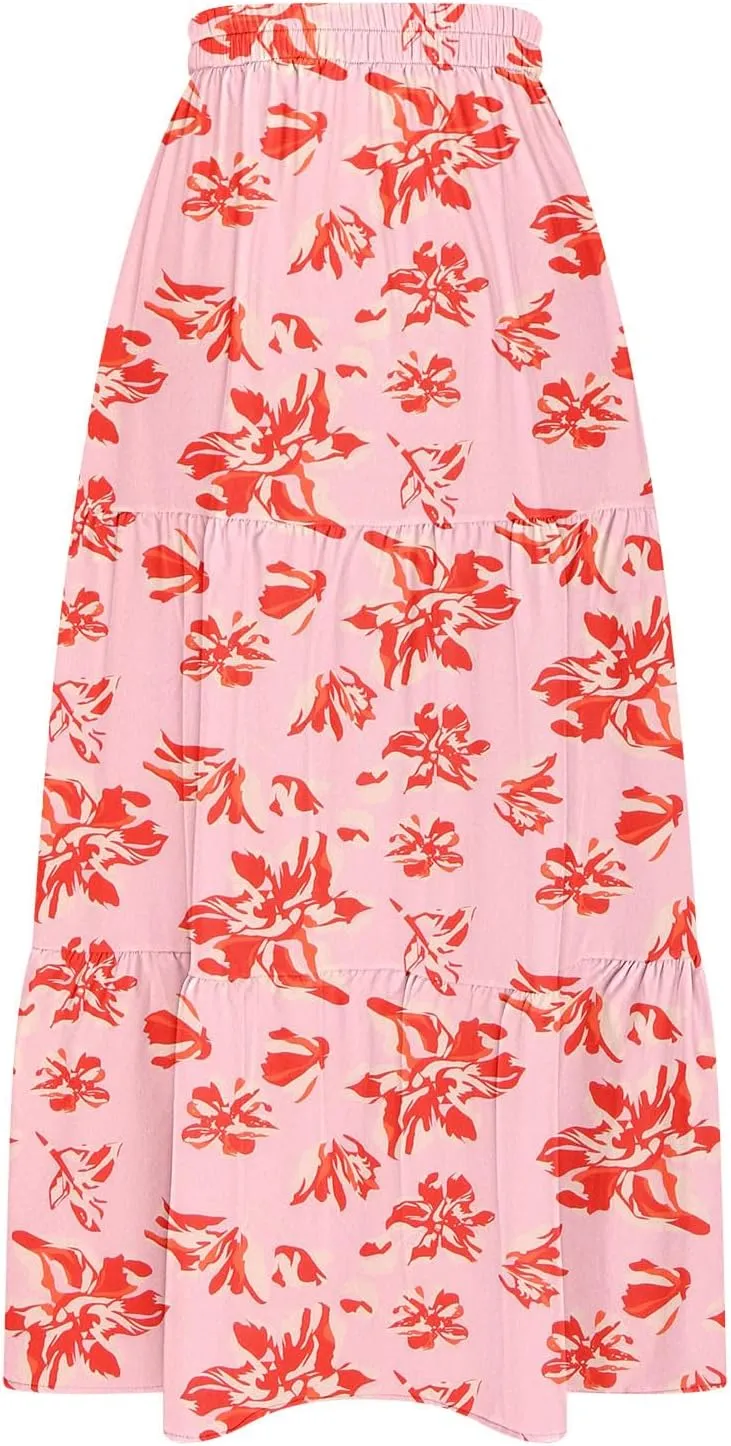 Women's Boho Floral Maxi Skirts Summer Elastic High Waist Flowy A-Line Skirts Split Side Vacation Beach Long Skirt