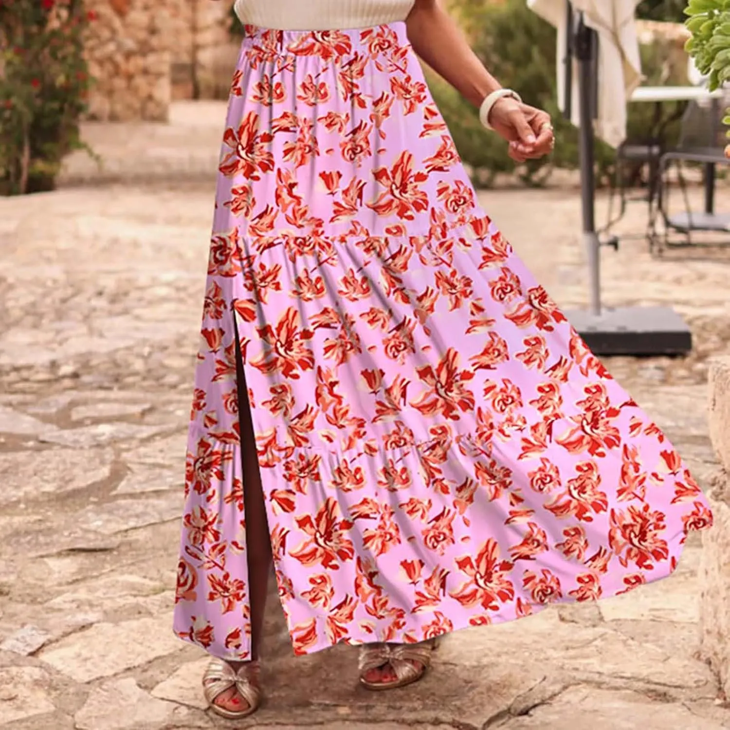 Women's Boho Floral Maxi Skirts Summer Elastic High Waist Flowy A-Line Skirts Split Side Vacation Beach Long Skirt