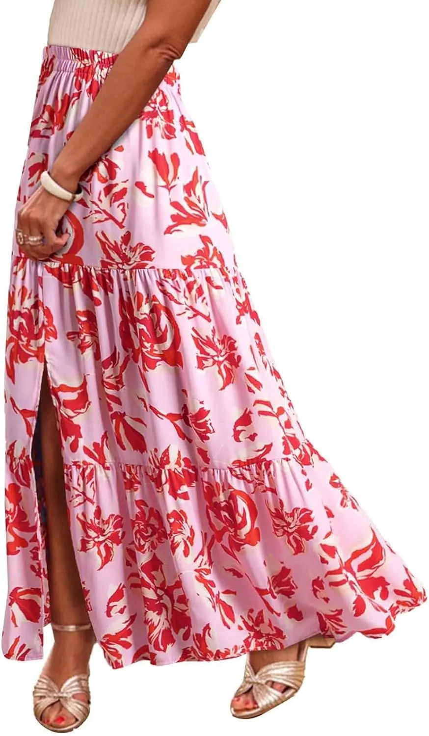 Women's Boho Floral Maxi Skirts Summer Elastic High Waist Flowy A-Line Skirts Split Side Vacation Beach Long Skirt