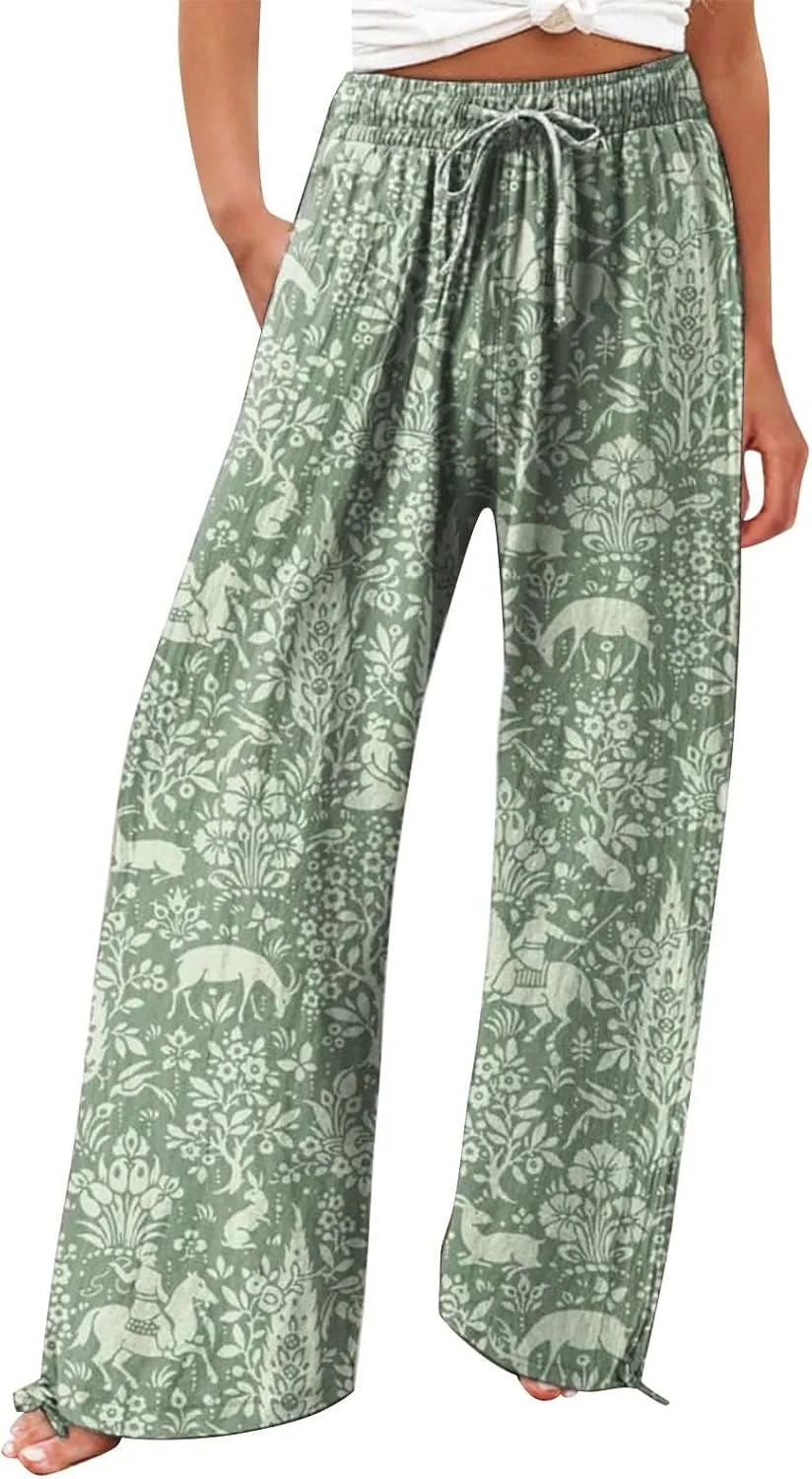 Women's Boho Tropical Print Wide Leg Pants Womens Cotton Casual Loose Pants Comfy Work Pants with Pockets Elastic