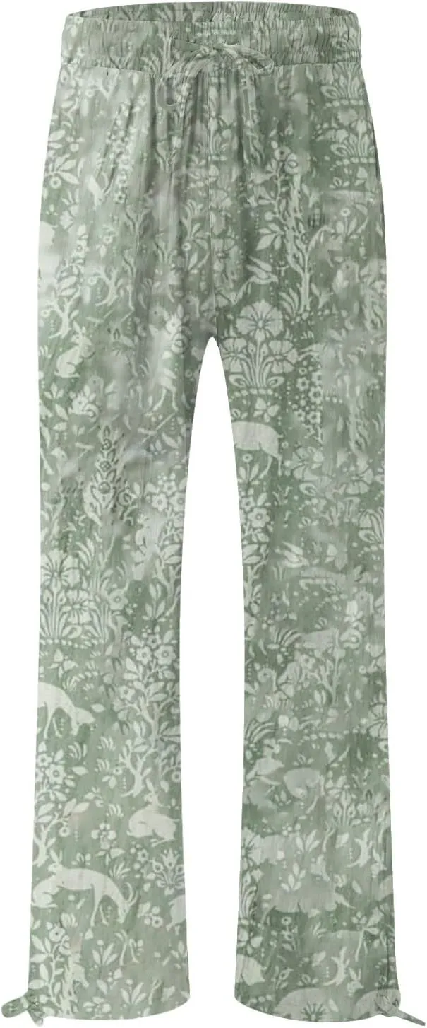 Women's Boho Tropical Print Wide Leg Pants Womens Cotton Casual Loose Pants Comfy Work Pants with Pockets Elastic