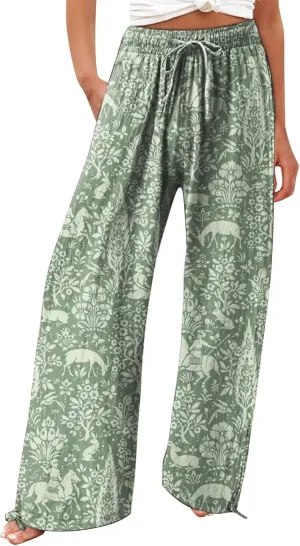 Women's Boho Tropical Print Wide Leg Pants Womens Cotton Casual Loose Pants Comfy Work Pants with Pockets Elastic