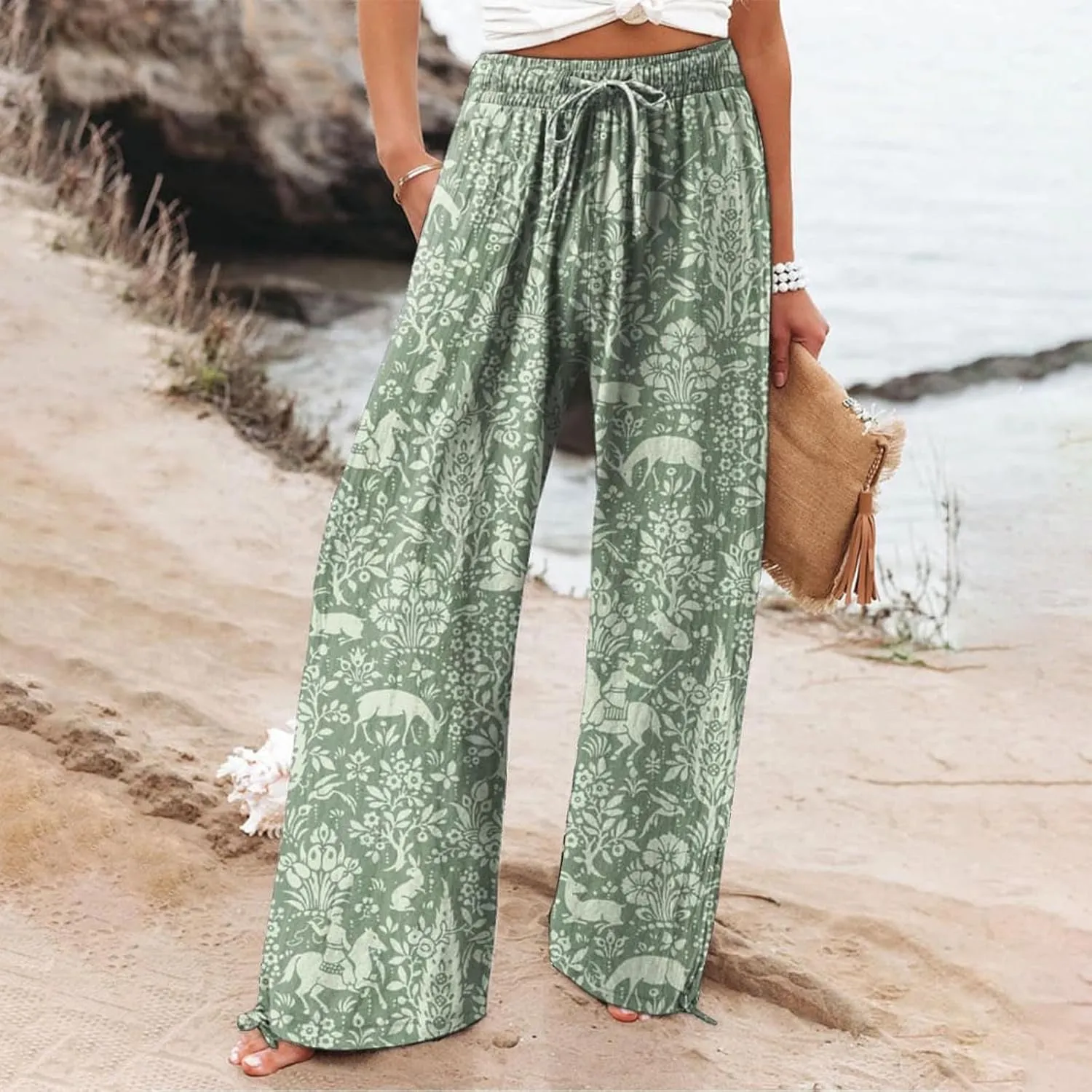 Women's Boho Tropical Print Wide Leg Pants Womens Cotton Casual Loose Pants Comfy Work Pants with Pockets Elastic