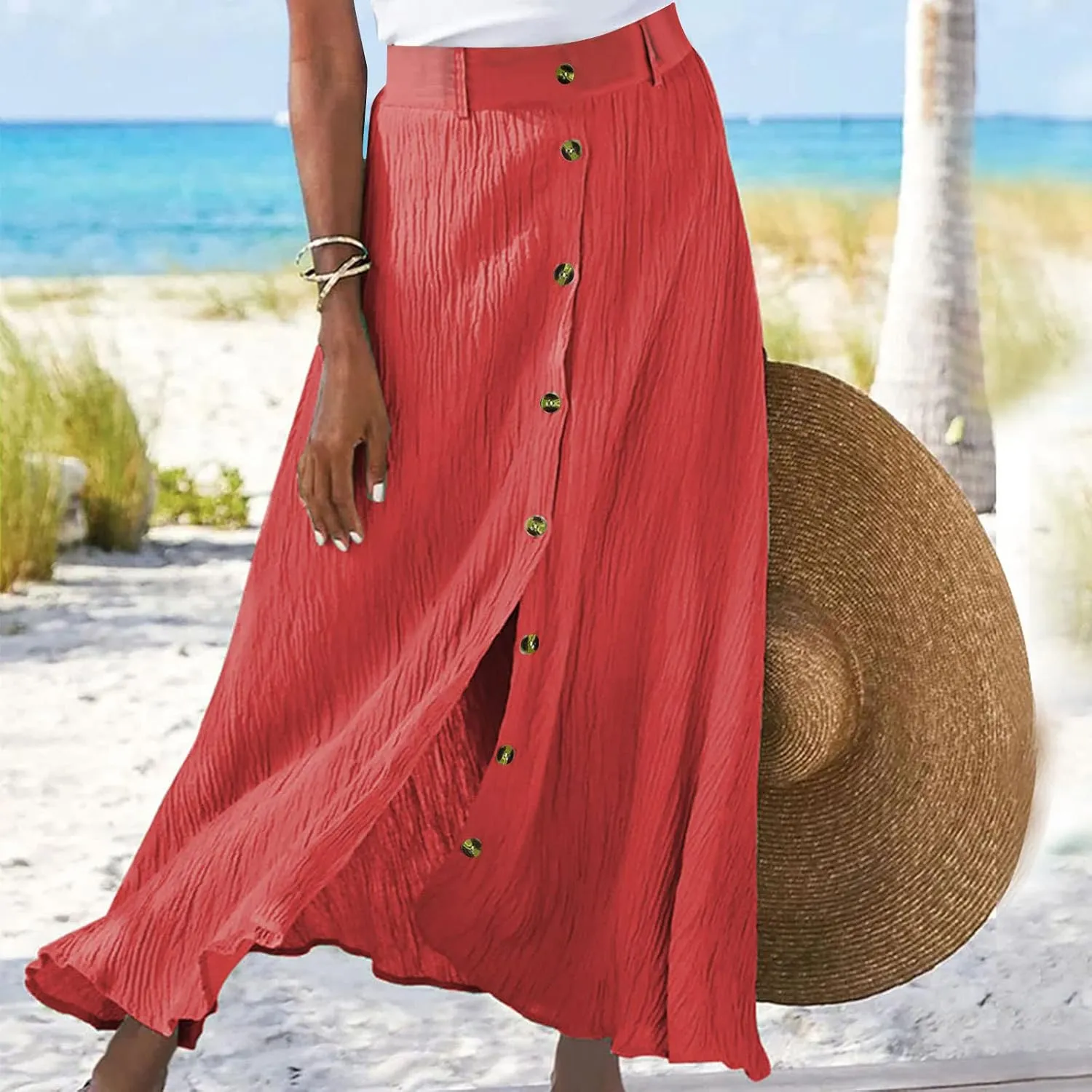 Womens Button Front Flowy Maxi Skirt High Waisted Plisse A Line Skirts 2025 Summer Casual Pleated Flared Long Skirt