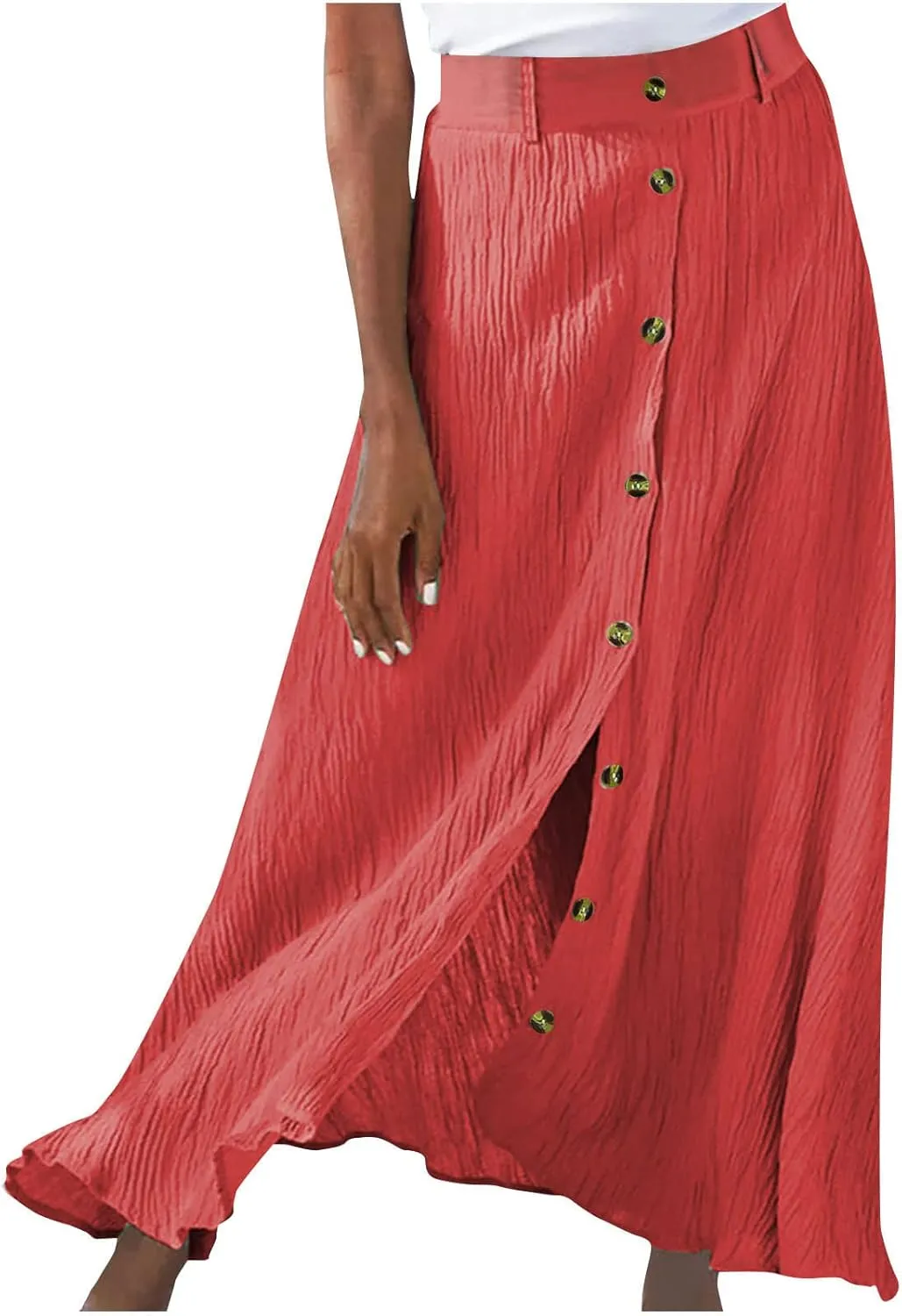 Womens Button Front Flowy Maxi Skirt High Waisted Plisse A Line Skirts 2025 Summer Casual Pleated Flared Long Skirt