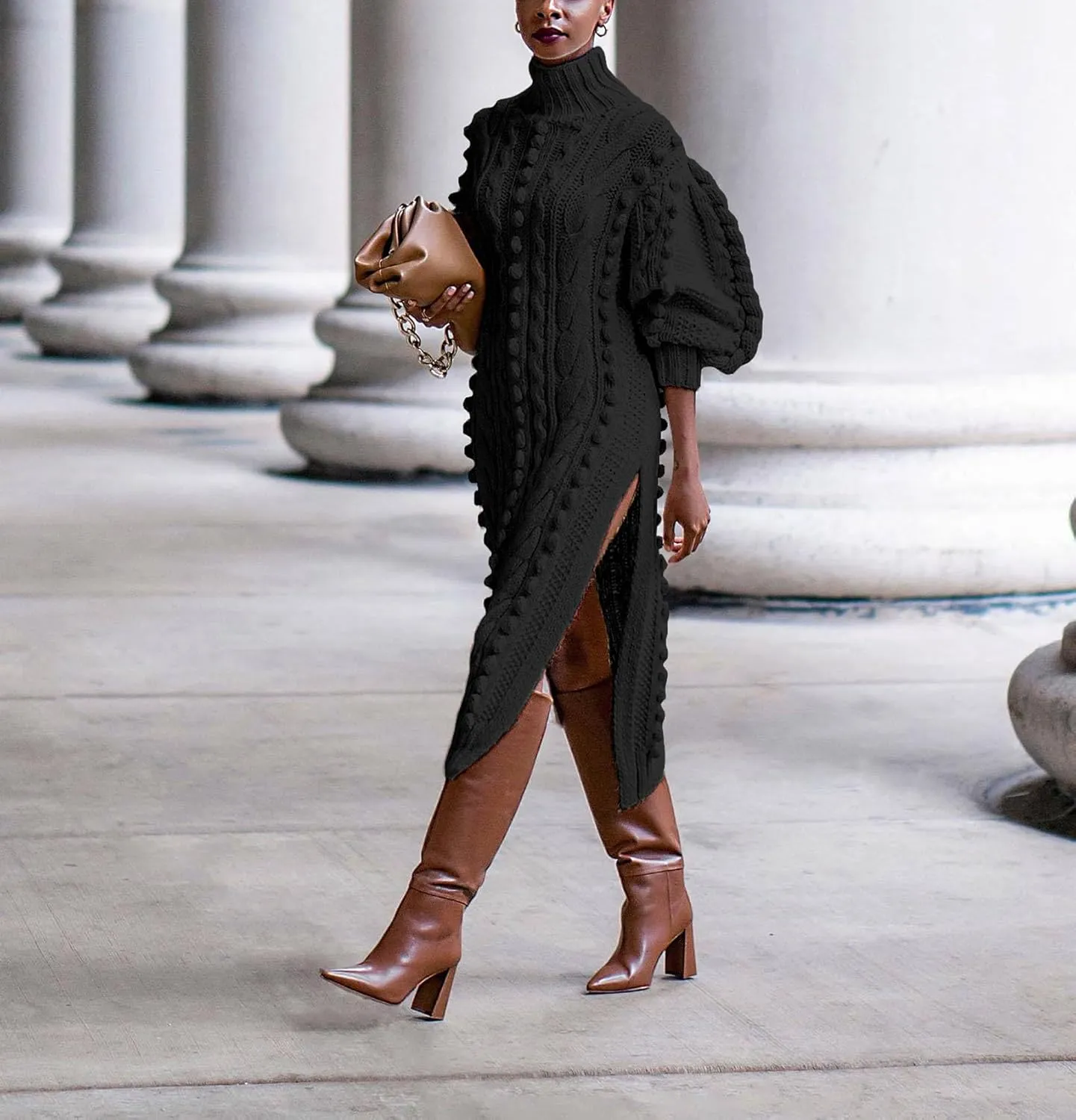 Women's Cable Knit Sweater Midi Dress Turtleneck Long Sleeve Loose Tunic Plus Size Split Sweater Dresses for Fall